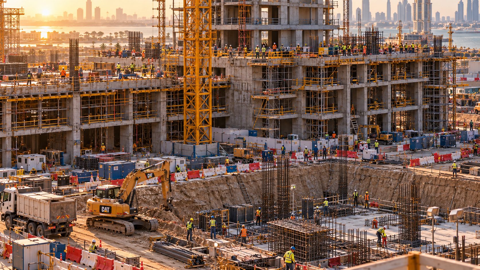 A large residential tower under construction in Dubai at sunset